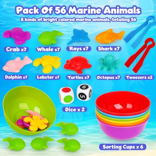 kizh Sorting Colors Sea Animals Counting Toys with Matching Sorting Cups and Game Dices Color Classification and Sensory Training Preschool Educational Learning Toys for Toddlers Kids Girls Boys Ages 3 - Image 5