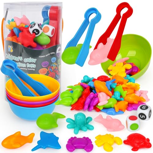 kizh Sorting Colors Sea Animals Counting Toys with Matching Sorting Cups and Game Dices Color Classification and Sensory Training Preschool Educational Learning Toys for Toddlers Kids Girls Boys Ages 3 - Image 1