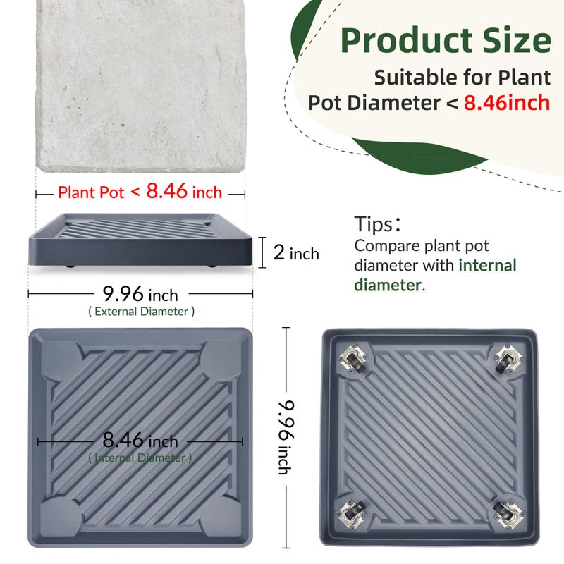 REDHUGO 2PCS Square Plant Caddy with Hidden Wheels, Heavy Duty Rolling Plant Stand Caddy with Wheels, Pot Base for Indoor Outdoor, Gray, 9.96 inches - Image 2