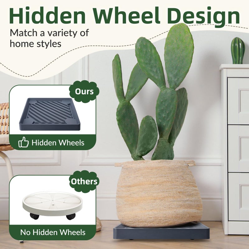 REDHUGO 2PCS Square Plant Caddy with Hidden Wheels, Heavy Duty Rolling Plant Stand Caddy with Wheels, Pot Base for Indoor Outdoor, Gray, 9.96 inches - Image 5