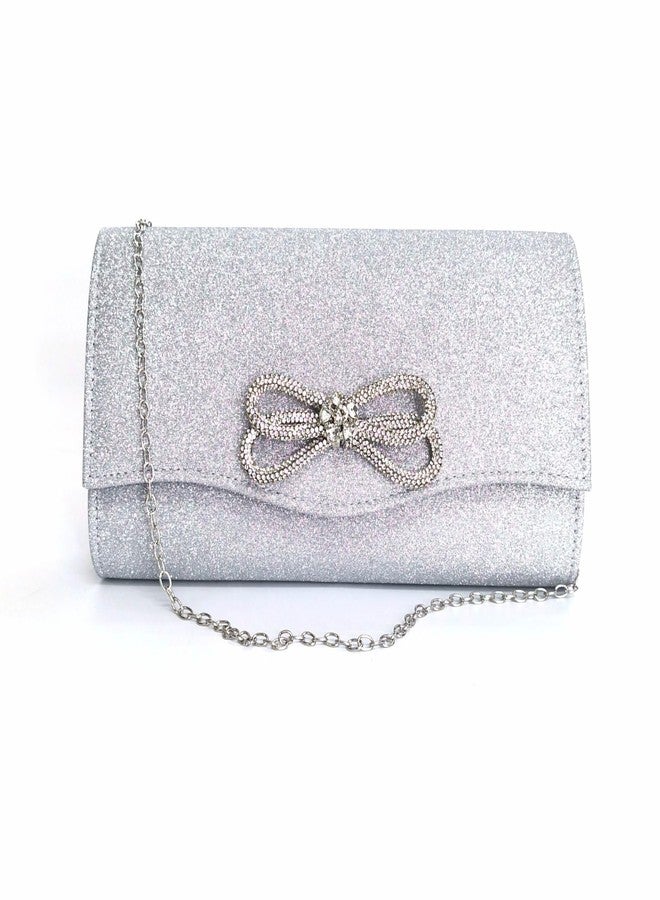 Gets Women Evening Bag Rhinestone Bow Clutch Purse for Women Party Wedding Prom Cocktail Formal Flap Handbags (Shiny Silver) - Image 1