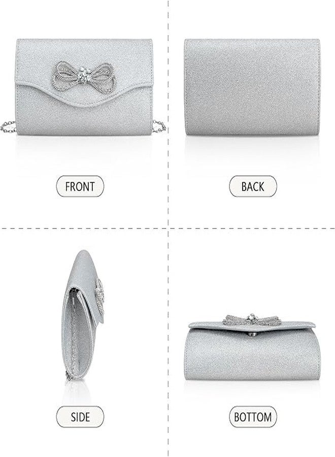 Gets Women Evening Bag Rhinestone Bow Clutch Purse for Women Party Wedding Prom Cocktail Formal Flap Handbags (Shiny Silver) - Image 5
