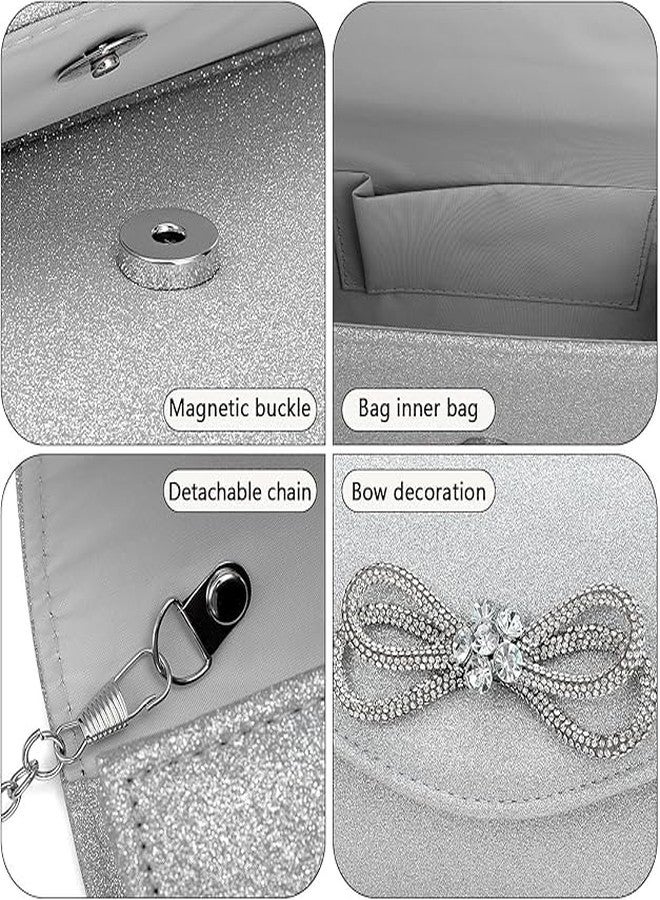 Gets Women Evening Bag Rhinestone Bow Clutch Purse for Women Party Wedding Prom Cocktail Formal Flap Handbags (Shiny Silver) - Image 3