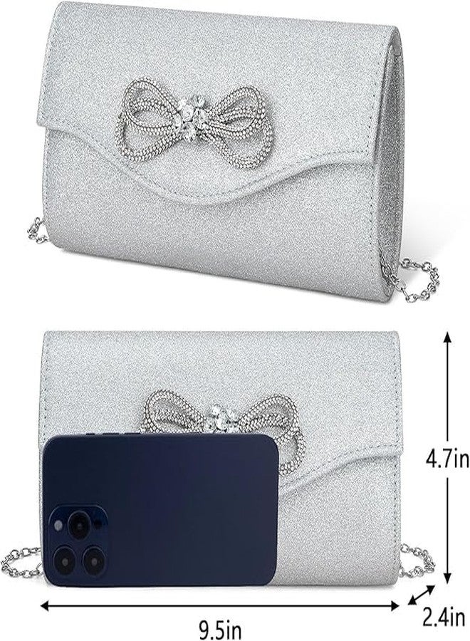 Gets Women Evening Bag Rhinestone Bow Clutch Purse for Women Party Wedding Prom Cocktail Formal Flap Handbags (Shiny Silver) - Image 2