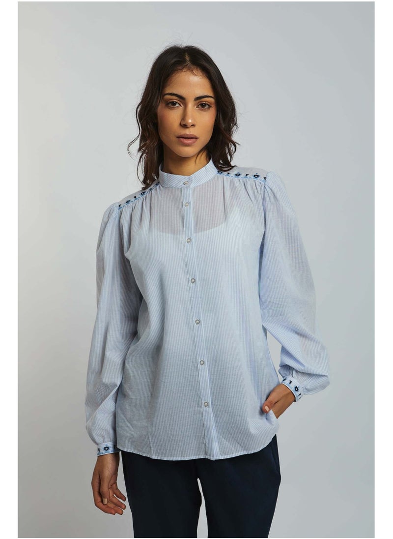 Fancy Long Sleeve Striped Blouse With Embrodery