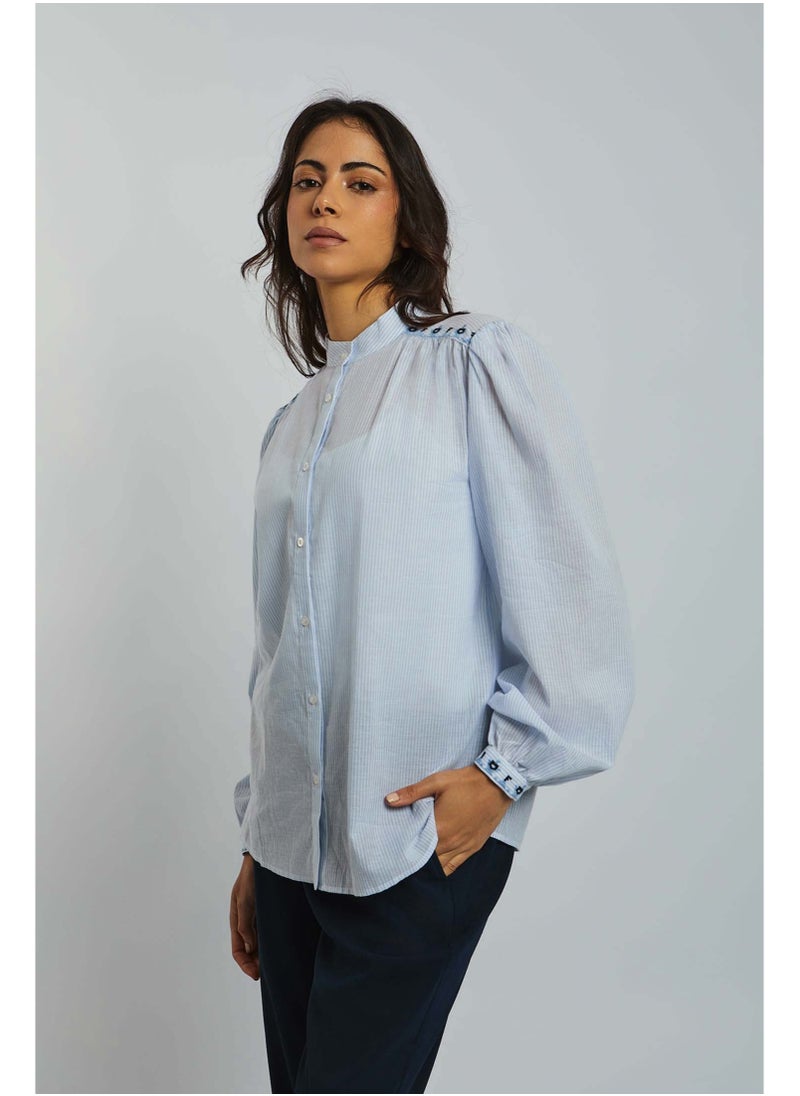 Fancy Long Sleeve Striped Blouse With Embrodery