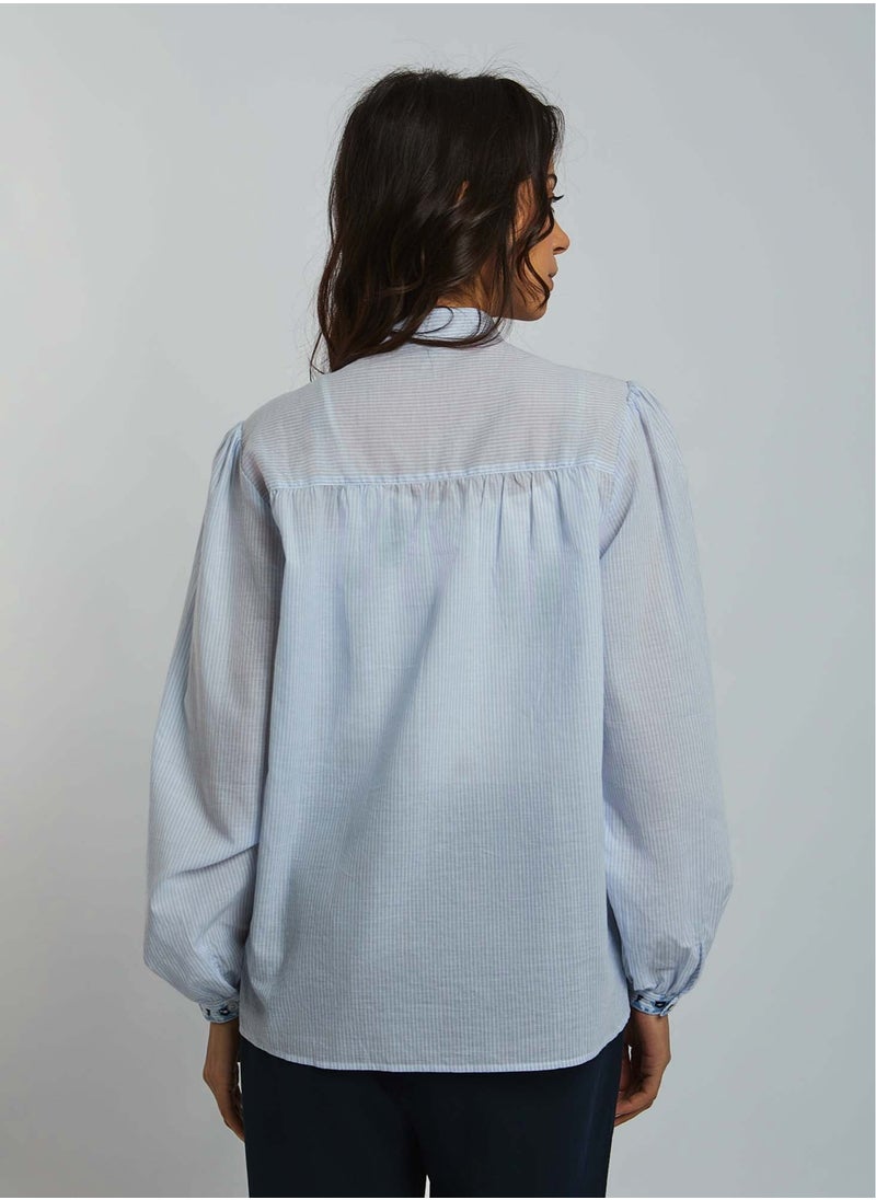 Fancy Long Sleeve Striped Blouse With Embrodery