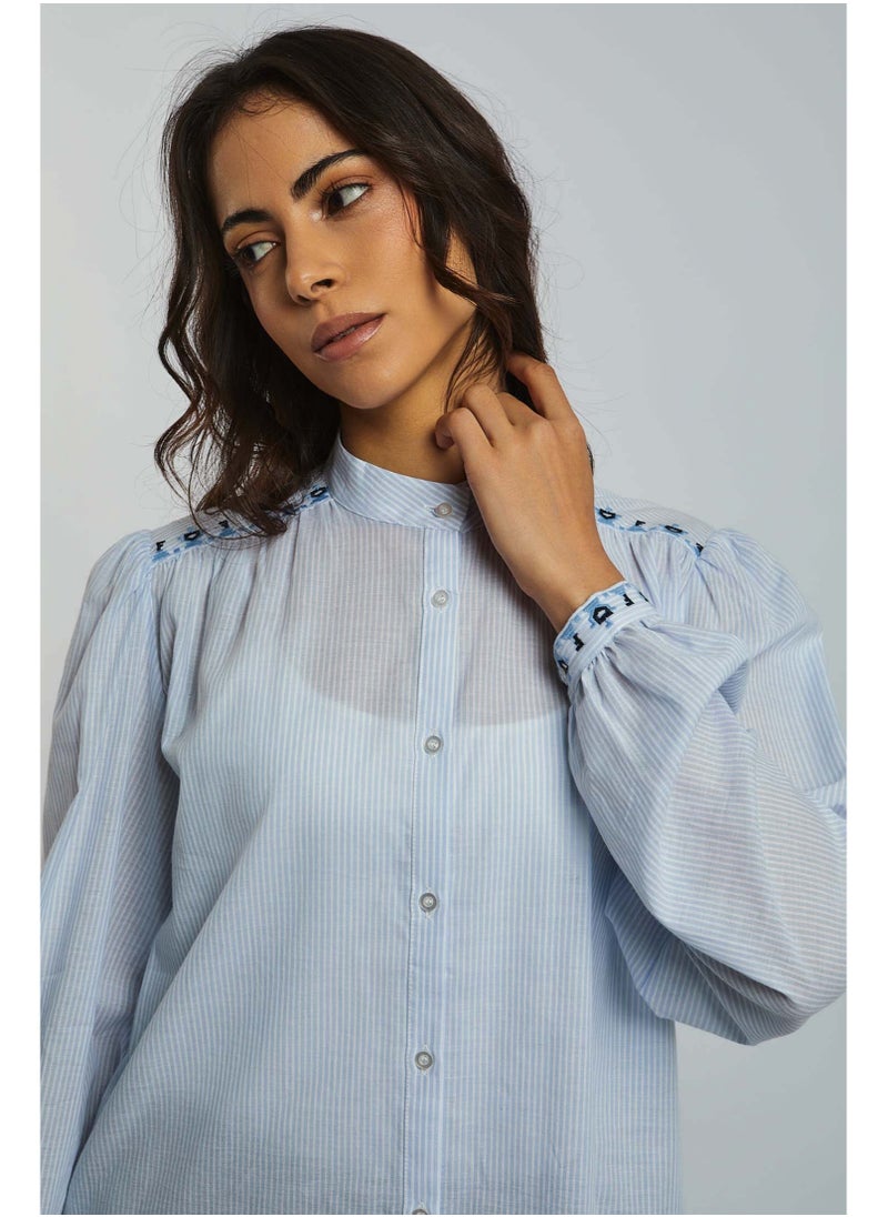 Fancy Long Sleeve Striped Blouse With Embrodery