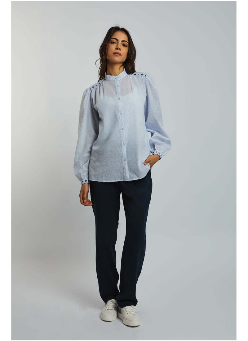 Fancy Long Sleeve Striped Blouse With Embrodery