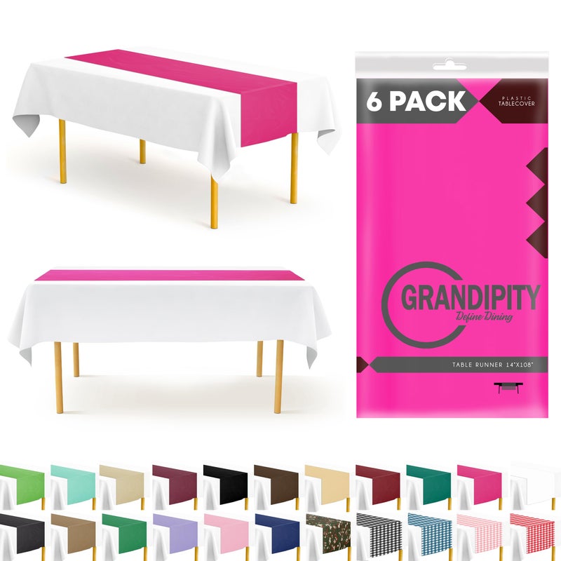 Grandipity Hot Pink 6 Pack Premium Disposable Plastic Table Runner 14 x 108 Inch Table Runner for Dinner Parties  Events