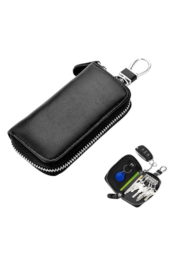 Leather Car Key Holder Bag, Unisex Key Fob Case with 6 Hooks, Zipper Closure Keychian Case Wallet - Image 1