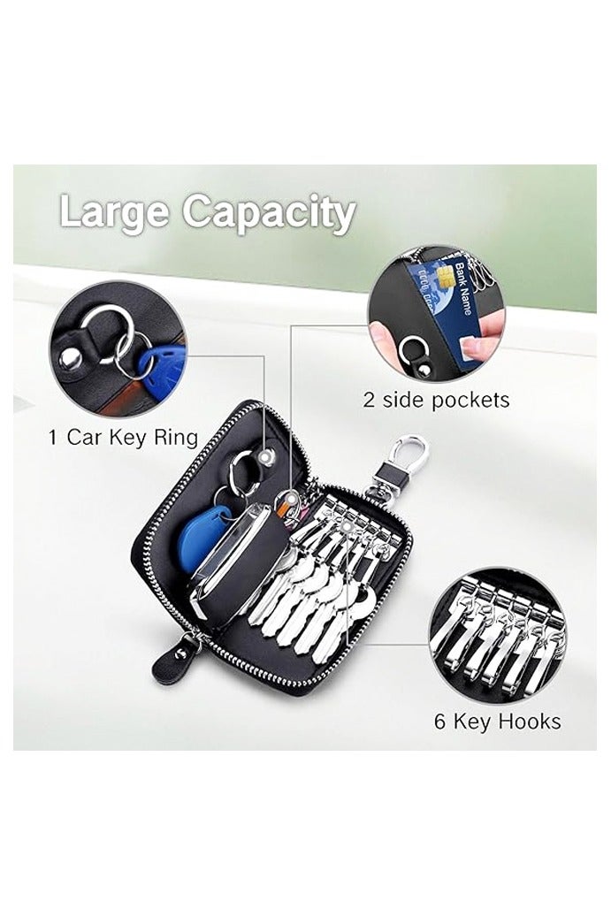Leather Car Key Holder Bag, Unisex Key Fob Case with 6 Hooks, Zipper Closure Keychian Case Wallet - Image 3