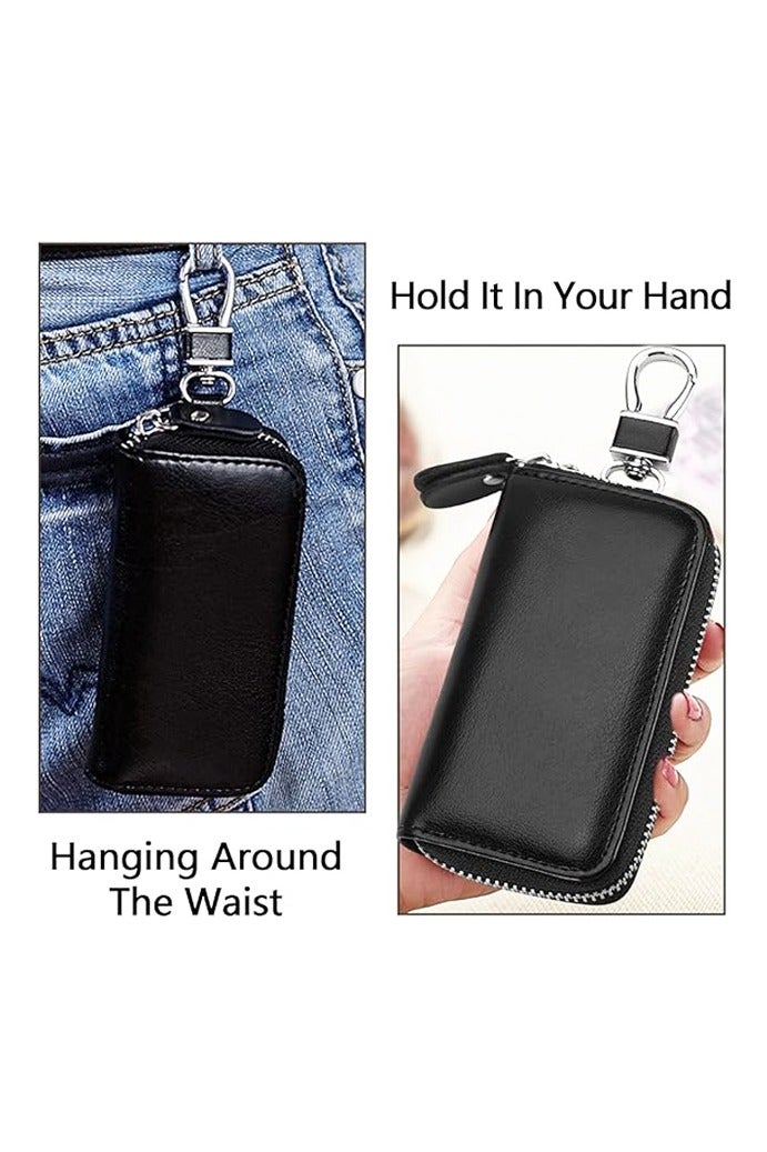 Leather Car Key Holder Bag, Unisex Key Fob Case with 6 Hooks, Zipper Closure Keychian Case Wallet - Image 4