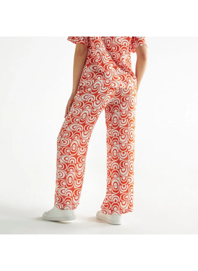 FAV All-Over Print Wide Leg Pants with Elasticated Waistband and Pockets