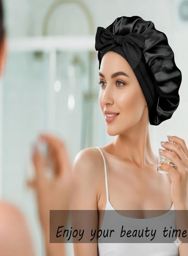 Atrube Silk Bonnet for Hair with 3 Scrunchies| Adjustable Satin Hair Cap for Sleeping | Bonnet for Curly Hair with Wide Tie Band| Multiple use| Shower Cap| (black) - Image 3