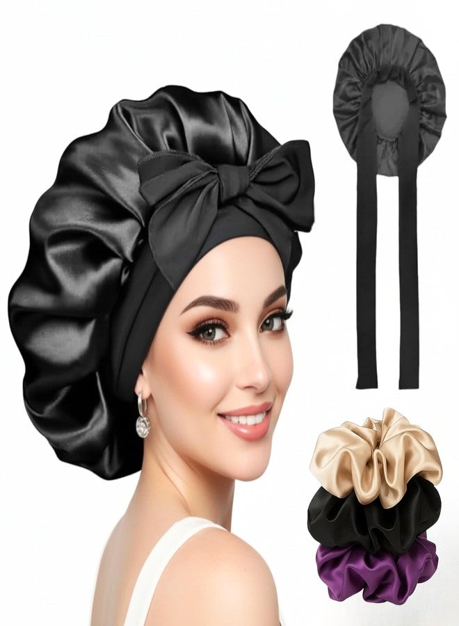 Atrube Silk Bonnet for Hair with 3 Scrunchies| Adjustable Satin Hair Cap for Sleeping | Bonnet for Curly Hair with Wide Tie Band| Multiple use| Shower Cap| (black) - Image 1