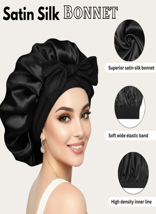 Atrube Silk Bonnet for Hair with 3 Scrunchies| Adjustable Satin Hair Cap for Sleeping | Bonnet for Curly Hair with Wide Tie Band| Multiple use| Shower Cap| (black) - Image 2