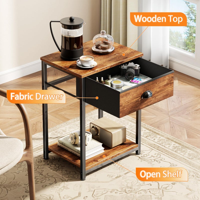 Furologee End Table with Storage Shelf and Fabric Drawer, 2 Tiers Industrial Nightstand, Bedside Table Organizer for Living Room Bedroom, Rustic Brown, Easy Assembly - Image 4
