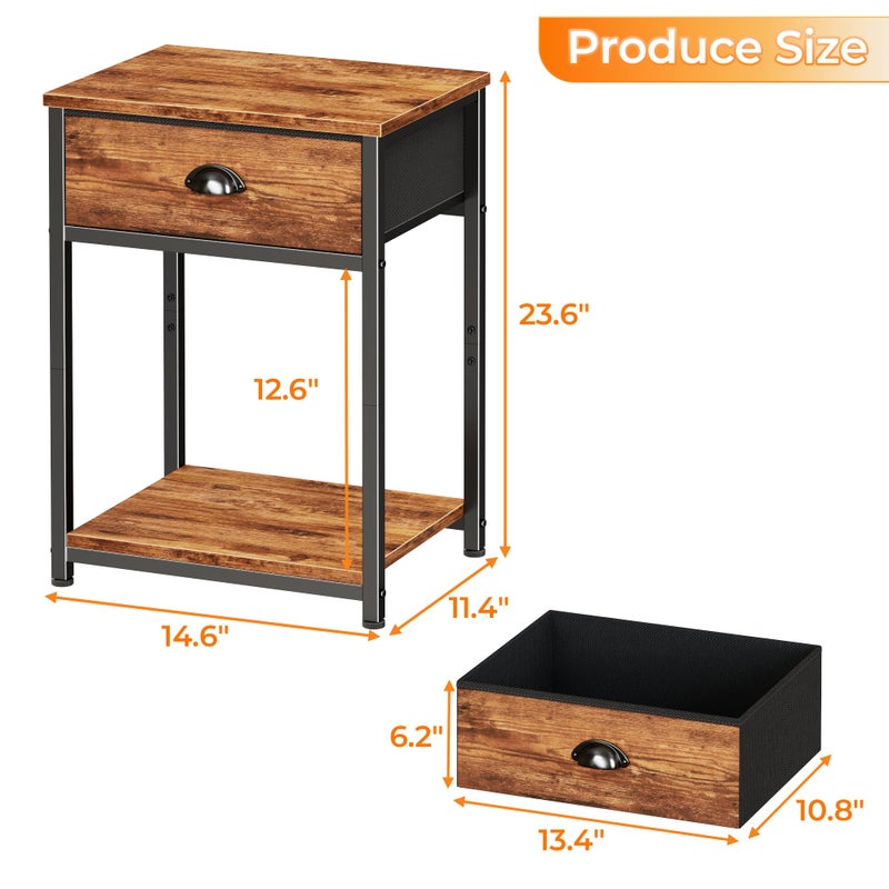 Furologee End Table with Storage Shelf and Fabric Drawer, 2 Tiers Industrial Nightstand, Bedside Table Organizer for Living Room Bedroom, Rustic Brown, Easy Assembly - Image 3