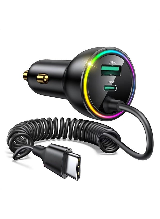 70W Car Charger for iPhone 17 Pro Max, USB C Car Charger Fast Charging with 5.2Ft Type C Coiled Cable, Super Fast USBC Phone Cigarette Lighter Adapter for iPhone 17/16/15, iPad, Samsung, Android - Image 1