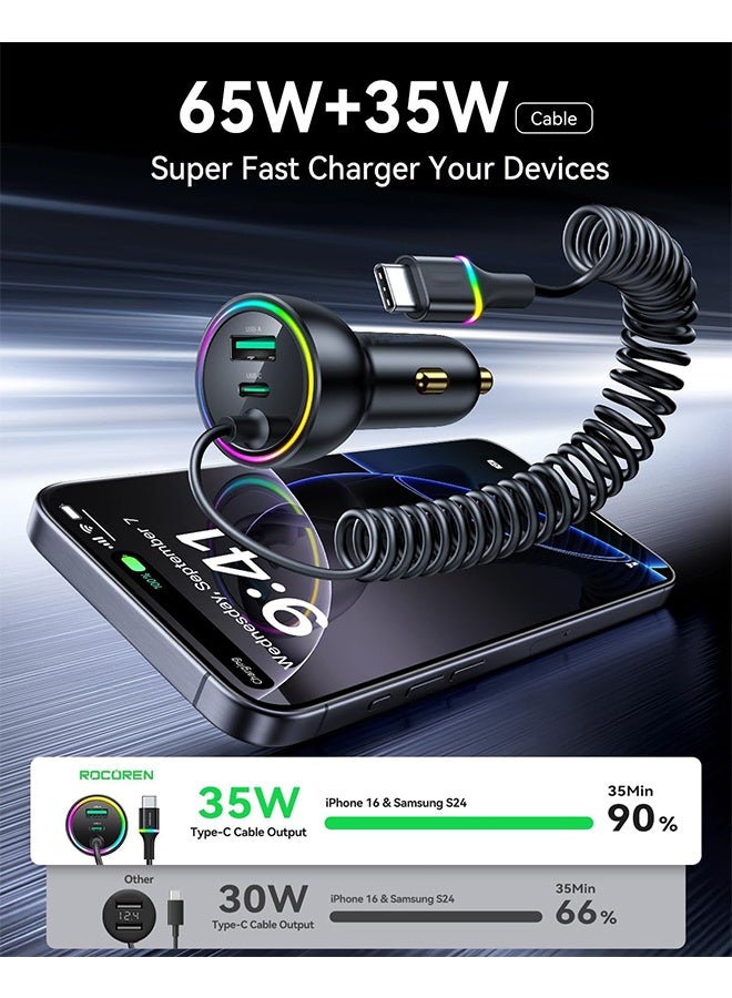 70W Car Charger for iPhone 17 Pro Max, USB C Car Charger Fast Charging with 5.2Ft Type C Coiled Cable, Super Fast USBC Phone Cigarette Lighter Adapter for iPhone 17/16/15, iPad, Samsung, Android - Image 2