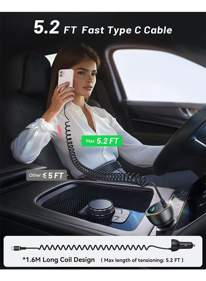 70W Car Charger for iPhone 17 Pro Max, USB C Car Charger Fast Charging with 5.2Ft Type C Coiled Cable, Super Fast USBC Phone Cigarette Lighter Adapter for iPhone 17/16/15, iPad, Samsung, Android - Image 3