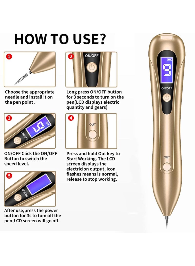 Mole Remover Pen,Portable Skin Tag Remover Pen with 9 Strength Levels 10 Replaceable Fine Needles, for Face Body Wart Freckle Nevus Spot Treatment and Age Spots (Gold) - Image 4