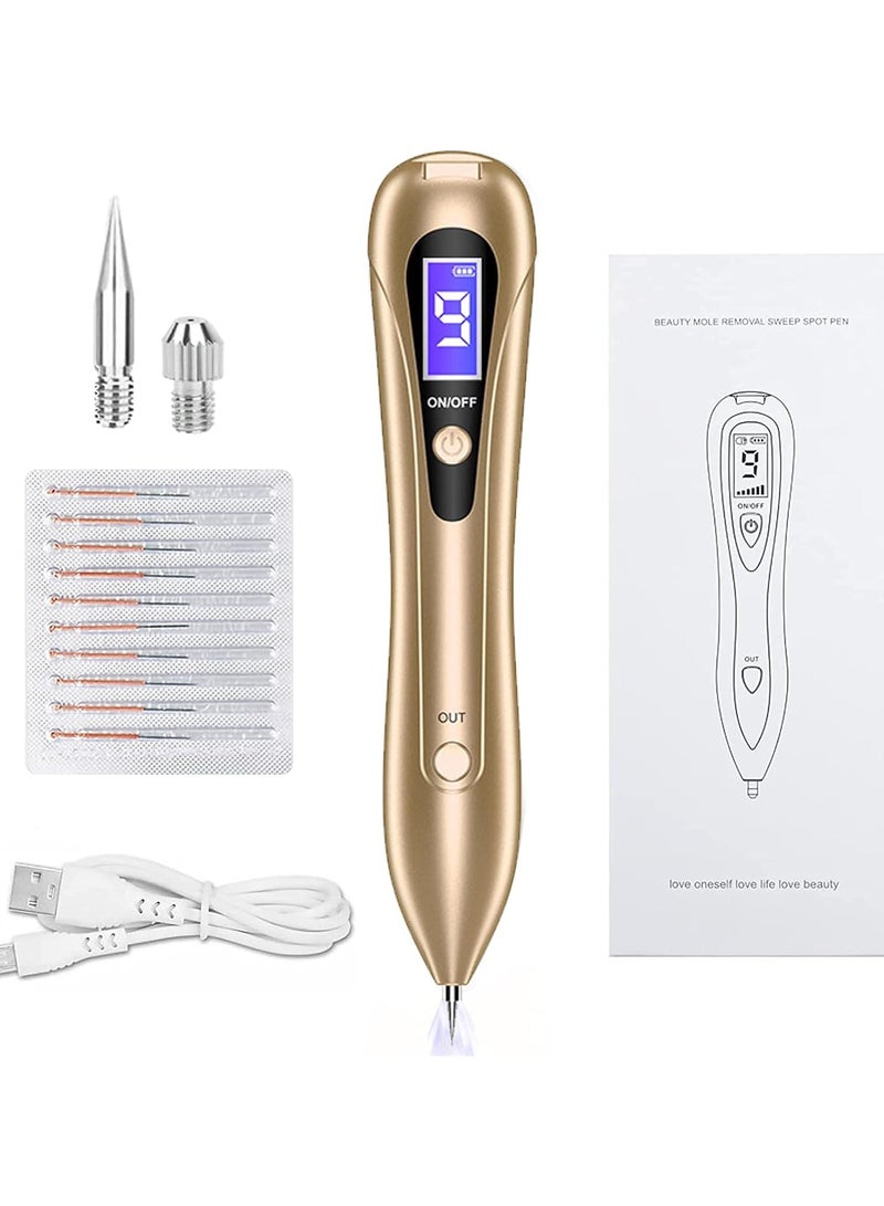 Mole Remover Pen,Portable Skin Tag Remover Pen with 9 Strength Levels 10 Replaceable Fine Needles, for Face Body Wart Freckle Nevus Spot Treatment and Age Spots (Gold) - Image 1