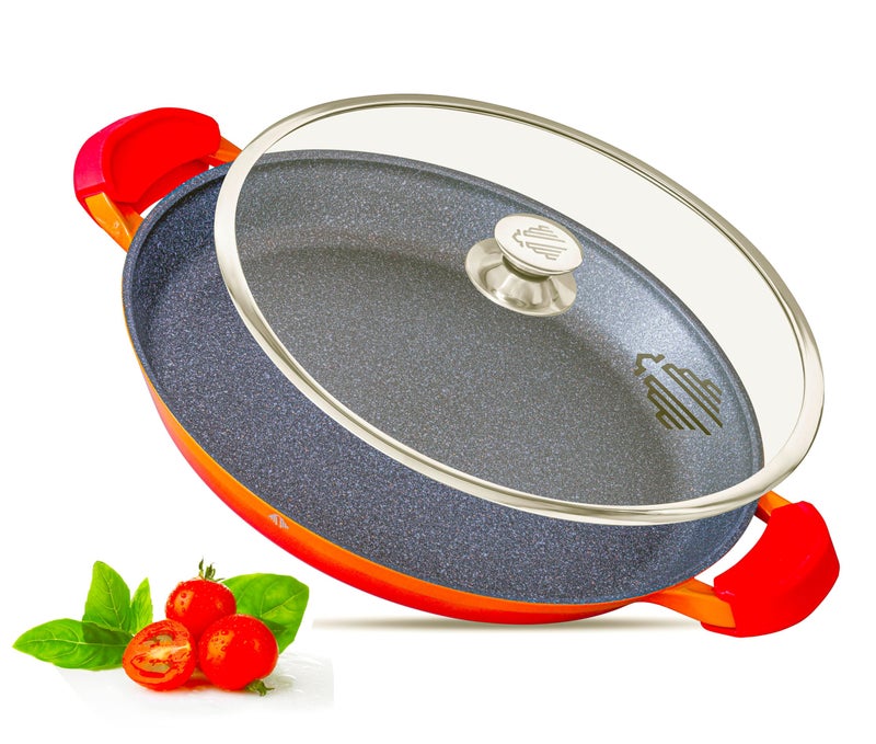 Paella Pan  Glass Lid NonStick  Anti Scratch  Removable Silicone Handles  Ceramic Coating Chemical Free  Induction  Oven Safe  HeavyDuty  StainlessSteel Base Orange 36 CM