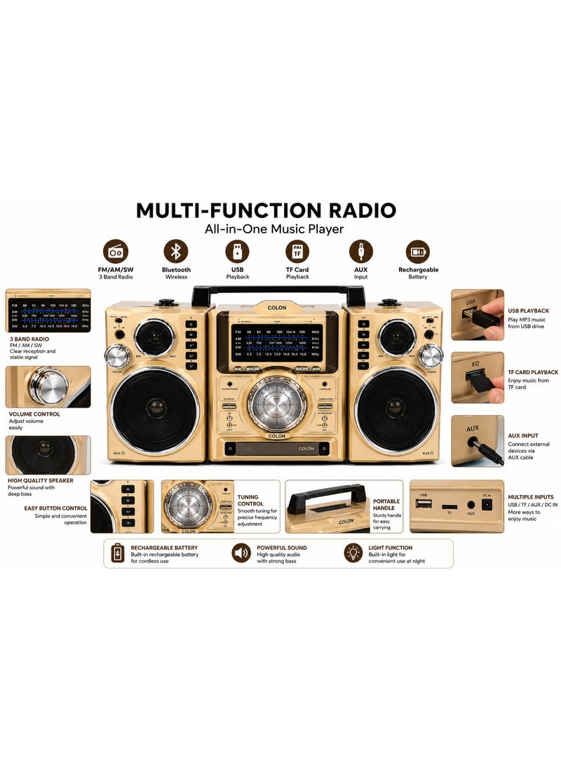 Solar-powered radio with 4 speakers, Bluetooth, USB, TF card slot, and FM/AM/SW reception – rechargeable battery and powerful sound. - Image 5