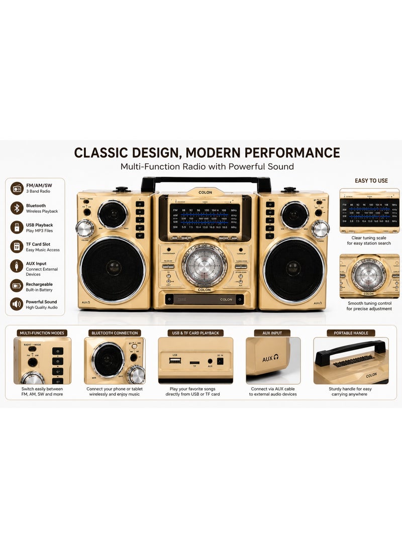 Solar-powered radio with 4 speakers, Bluetooth, USB, TF card slot, and FM/AM/SW reception – rechargeable battery and powerful sound. - Image 4