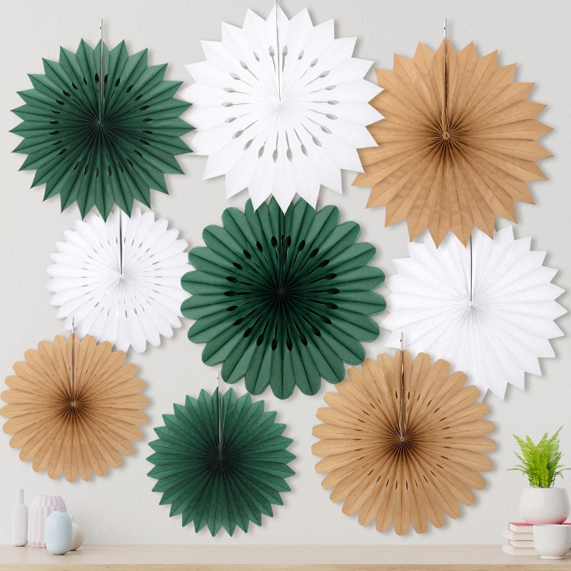 Resholder 9 Pcs Christmas Hanging Decorations Large Paper Fans Neutral Paper Fans Hanging Ornament Kit for Christmas Holiday Party Supplies Home Decorations 101214 InchBrown Green White