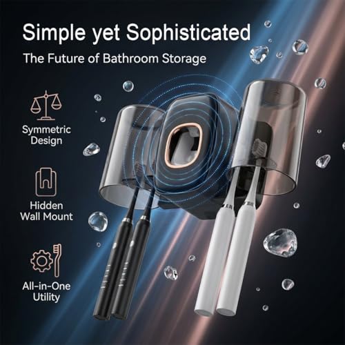 COMFYHOME Tooth Brush Holder Bathroom, Automatic Toothpaste Dispenser, Self Adhesive Brush Stand for Bathroom Wall, Toothbrush Organizer with 2 Mouthwash Cups, 4 Slots Wall Mount Toothbrush Holders - Image 2