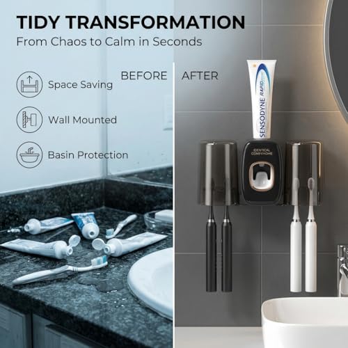 COMFYHOME Tooth Brush Holder Bathroom, Automatic Toothpaste Dispenser, Self Adhesive Brush Stand for Bathroom Wall, Toothbrush Organizer with 2 Mouthwash Cups, 4 Slots Wall Mount Toothbrush Holders - Image 5