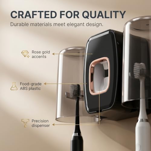 COMFYHOME Tooth Brush Holder Bathroom, Automatic Toothpaste Dispenser, Self Adhesive Brush Stand for Bathroom Wall, Toothbrush Organizer with 2 Mouthwash Cups, 4 Slots Wall Mount Toothbrush Holders - Image 4
