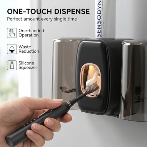 COMFYHOME Tooth Brush Holder Bathroom, Automatic Toothpaste Dispenser, Self Adhesive Brush Stand for Bathroom Wall, Toothbrush Organizer with 2 Mouthwash Cups, 4 Slots Wall Mount Toothbrush Holders - Image 3