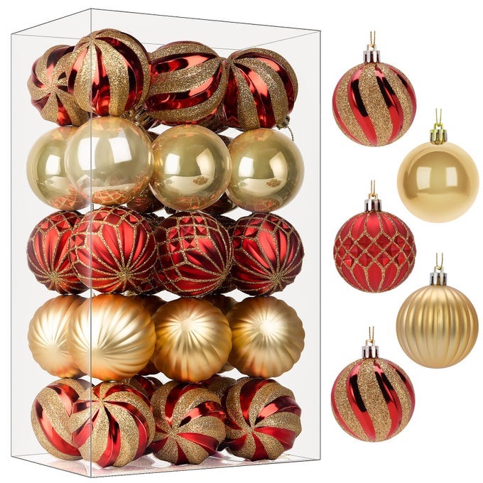 30CT 236 INCH CHRISTMAS TREE BALLS ORNAMENTS COLORED SHATTERPROOF PLASTIC DECORATIVE BAUBLES DECORATIONS FOR XMAS TREE DECOR HOLIDAY PARTY WEDDING DECORATION RED GOLD 60MM