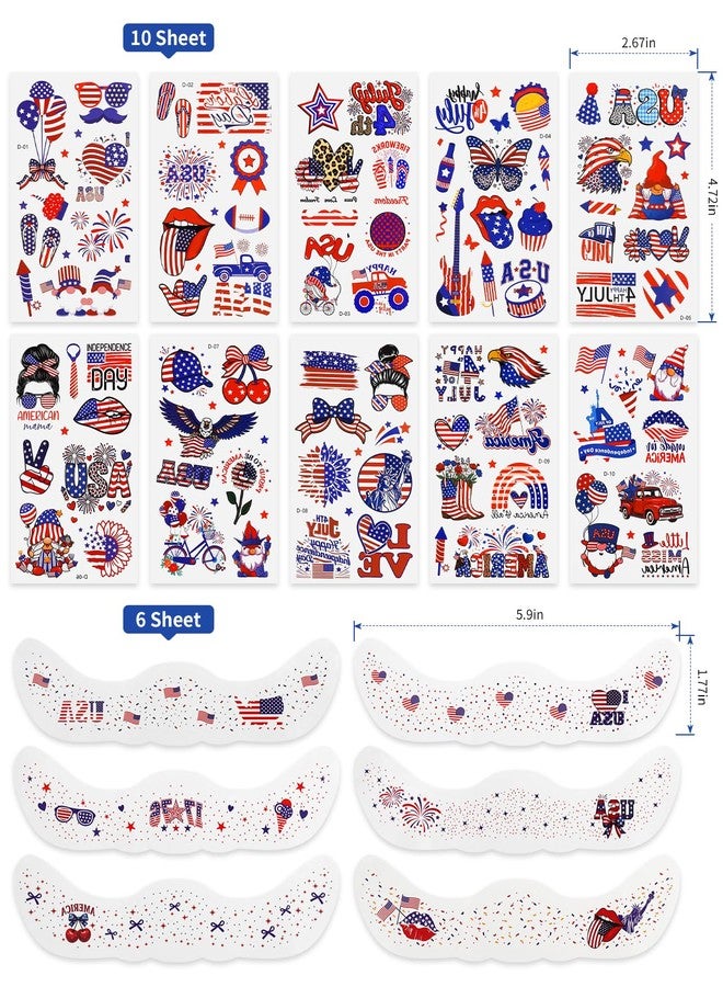 Mexlyca 4th of July Temporary Tattoos, 100+ Pcs Patriotic Temporary Stickers, American Flag Red White Blue Decor for Independence Day Memorial Day Patriotic Party Supplies, Fourth of July Accessories, 250th - Image 2