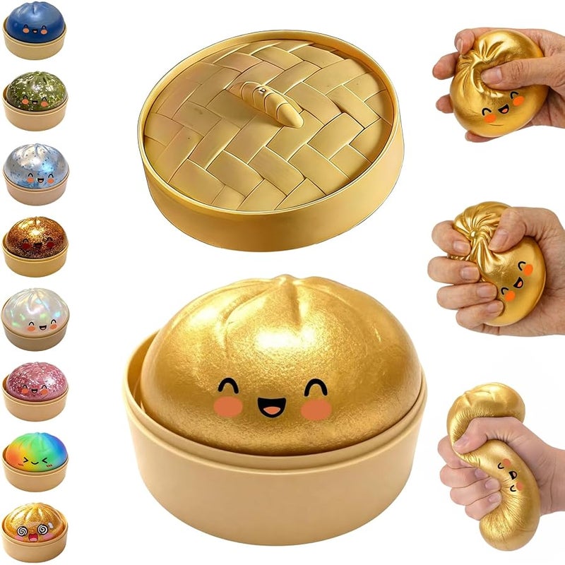 hepanio Glitter Dumpling Squishy,Dumpling Squishies,Glitter Dumpling Mystery Box,Colorful Dumpling Stress Balls Fidget,Jumbo Squishy Toy with Steamer Box Suitable for Adult use in Offices (Gold) - Image 1