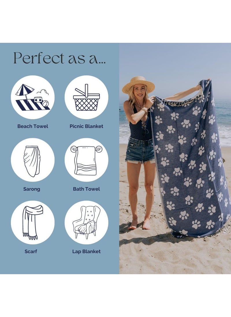 InfuseZen Turkish Towel  Reversible Paw Print Design  100 Organic Cotton Soft Lightweight Absorbent  Quick Dry Sand Free Beach Peshtemal  for Dog  Cat Lover Bath Pool Gym  NavyWhite  - Image 5