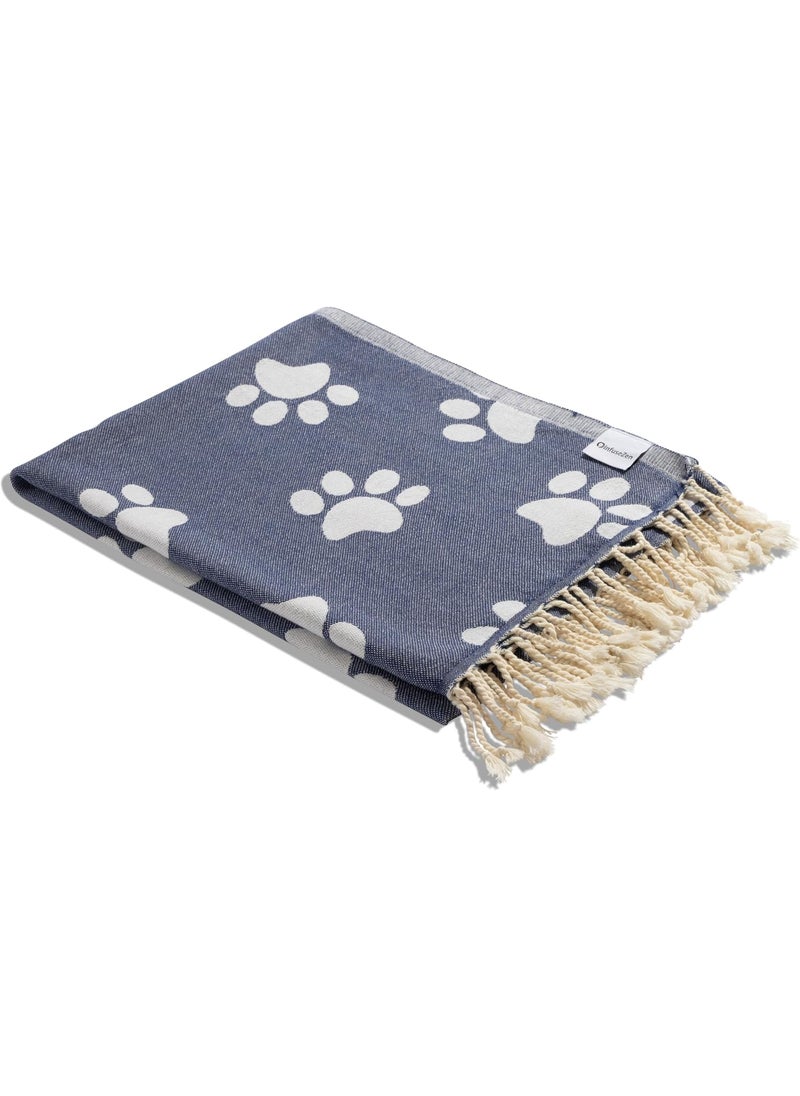 InfuseZen Turkish Towel  Reversible Paw Print Design  100 Organic Cotton Soft Lightweight Absorbent  Quick Dry Sand Free Beach Peshtemal  for Dog  Cat Lover Bath Pool Gym  NavyWhite  - Image 1