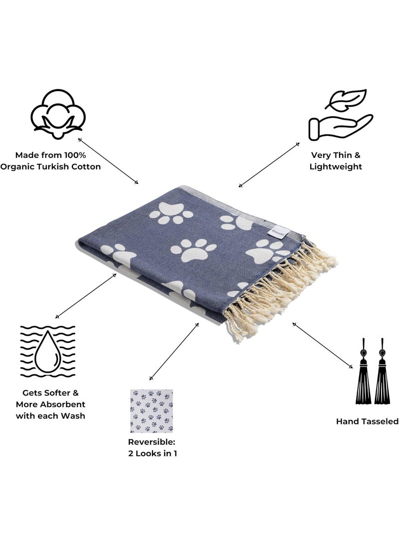 InfuseZen Turkish Towel  Reversible Paw Print Design  100 Organic Cotton Soft Lightweight Absorbent  Quick Dry Sand Free Beach Peshtemal  for Dog  Cat Lover Bath Pool Gym  NavyWhite  - Image 2