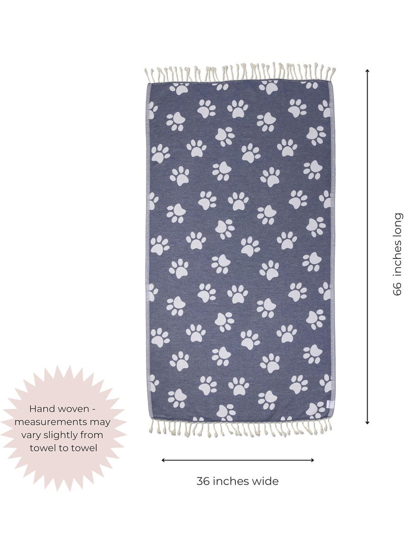 InfuseZen Turkish Towel  Reversible Paw Print Design  100 Organic Cotton Soft Lightweight Absorbent  Quick Dry Sand Free Beach Peshtemal  for Dog  Cat Lover Bath Pool Gym  NavyWhite  - Image 3