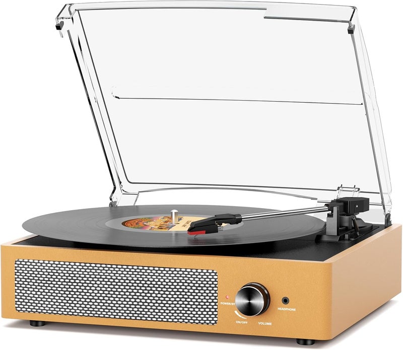 cotsoco Vinyl Record Player with 2 Stereo Speakers Belt-Driven Vintage Turntables 3 Speed 3 Size Wireless Bluetooth Playback AUX-in RCA Out Headphone LP Vinyl Players Auto Stop Golden Yellow - Image 1