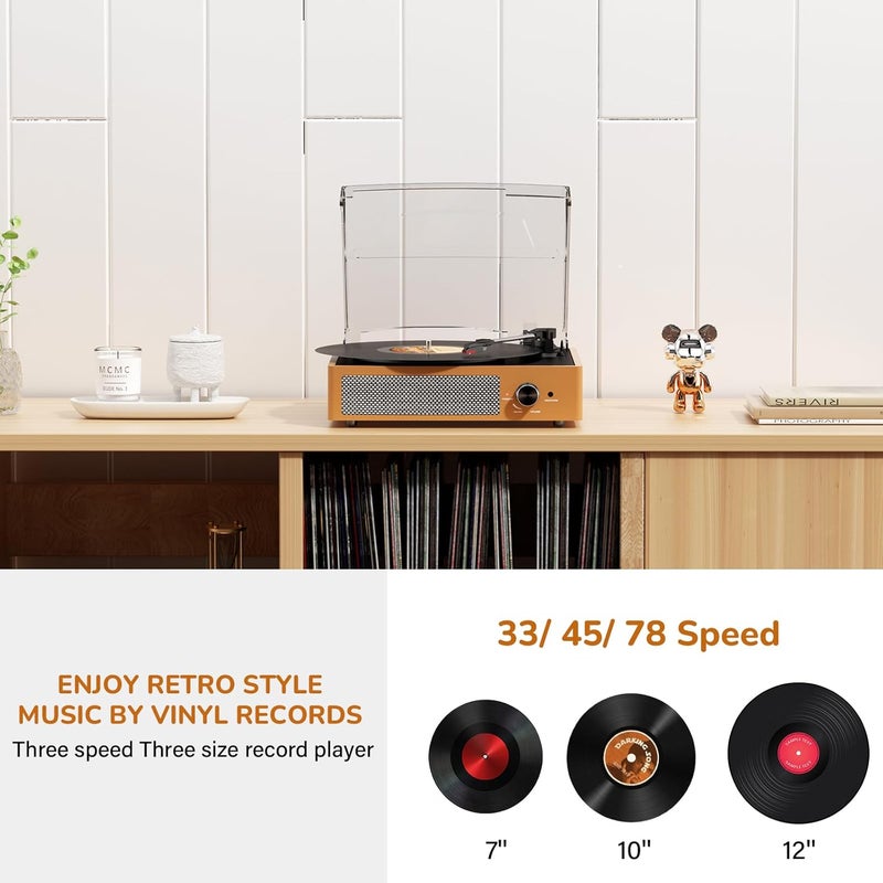 cotsoco Vinyl Record Player with 2 Stereo Speakers Belt-Driven Vintage Turntables 3 Speed 3 Size Wireless Bluetooth Playback AUX-in RCA Out Headphone LP Vinyl Players Auto Stop Golden Yellow - Image 4