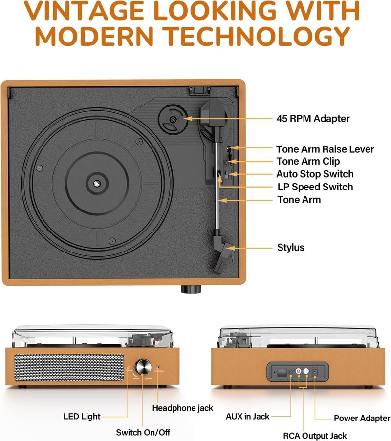 cotsoco Vinyl Record Player with 2 Stereo Speakers Belt-Driven Vintage Turntables 3 Speed 3 Size Wireless Bluetooth Playback AUX-in RCA Out Headphone LP Vinyl Players Auto Stop Golden Yellow - Image 2