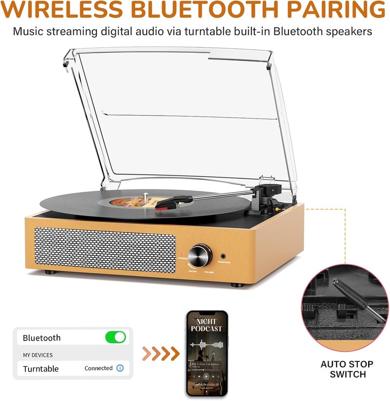 cotsoco Vinyl Record Player with 2 Stereo Speakers Belt-Driven Vintage Turntables 3 Speed 3 Size Wireless Bluetooth Playback AUX-in RCA Out Headphone LP Vinyl Players Auto Stop Golden Yellow - Image 3