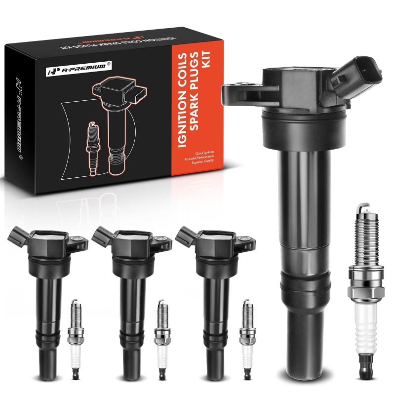 A-Premium Set of 4 Ignition Coil Pack (2-pin) and Iridium Spark Plugs Compatible with Hyundai Elantra 2012-2016 1.8L 4 Cyl, Tucson 2014-2020 2.0L 4 Cyl & Kia Soul 2012-2019 2.0L 4 Cyl - Image 1