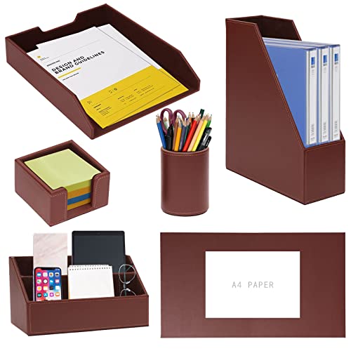 RHCSZ 6 Piece Office Supplies/Desk Organizer Set with Desktop Leather Writing Pad,File Paper Tray,Magazine folder Holder, Pen Cup,Sticky Note Holder,Letter Mail Sorter,Workspace Decor for Women Men Brown - Image 1