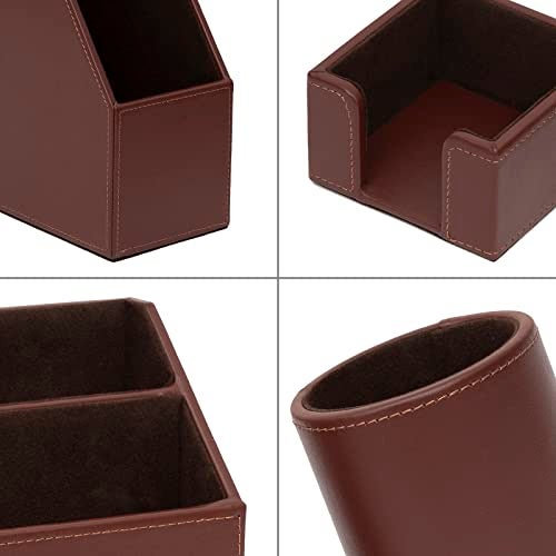 RHCSZ 6 Piece Office Supplies/Desk Organizer Set with Desktop Leather Writing Pad,File Paper Tray,Magazine folder Holder, Pen Cup,Sticky Note Holder,Letter Mail Sorter,Workspace Decor for Women Men Brown - Image 3